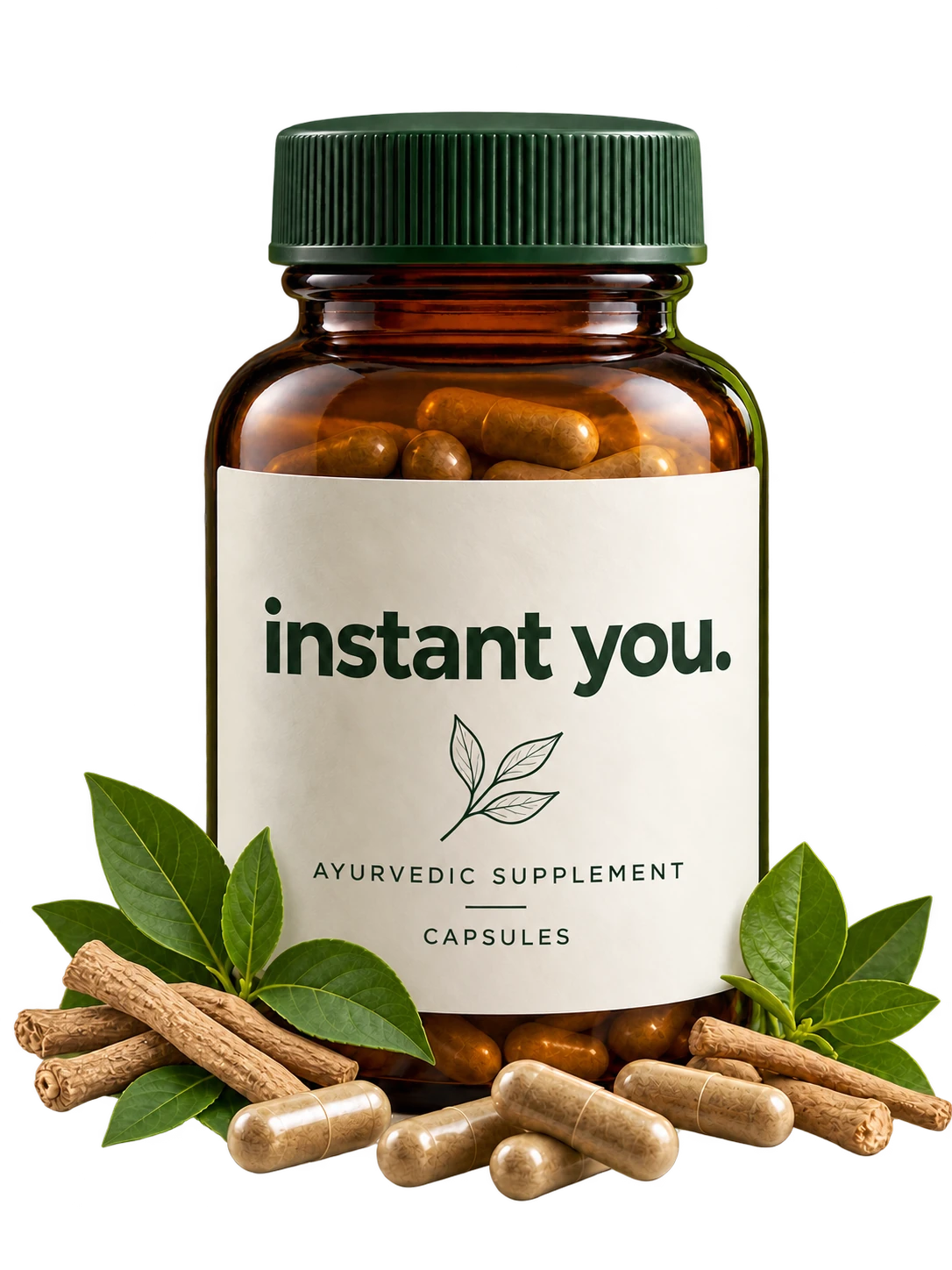 Instant You Ayurvedic supplement bottle with capsules and herbal roots; packaging concept